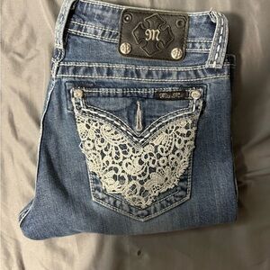 Blue Denim Jeans with Lace Detail
